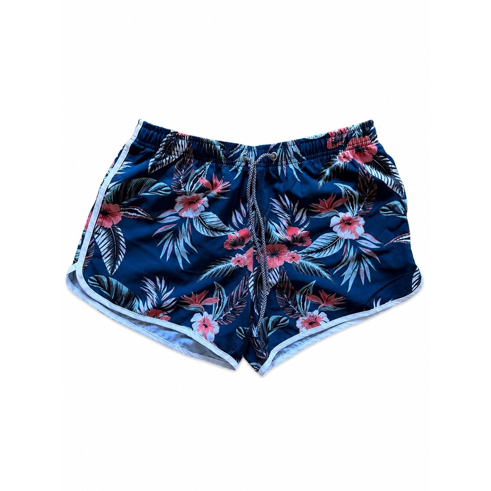 Tropical Floral Board Shorts Navy Blue Hibiscus Print Swim Trunks Small